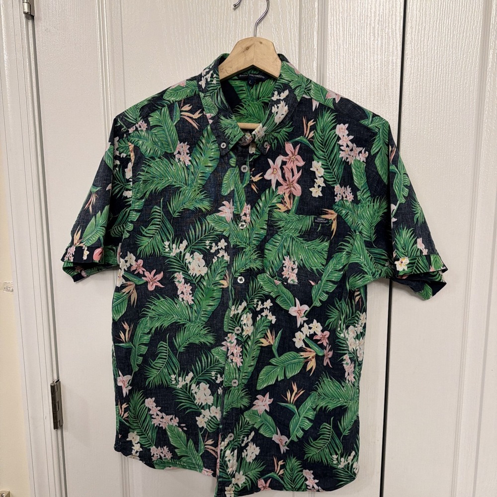 Simply Southern Button Down Shirt Mens L Tropical Floral Hawaiian Short Sleeve